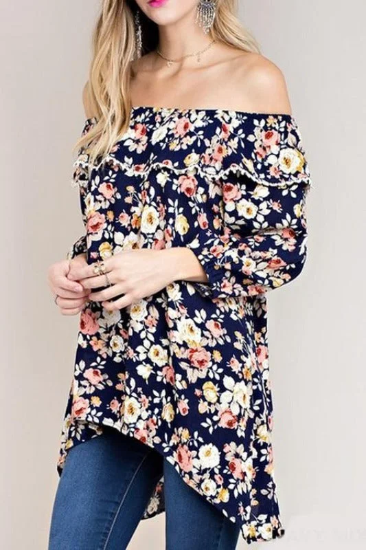 Kori Off Shoulder Roses Blouse - Navy Tough Women's Military - inspired