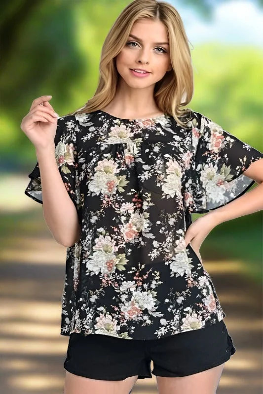 Doe & Rae Floral Flutter Blouse - Black European