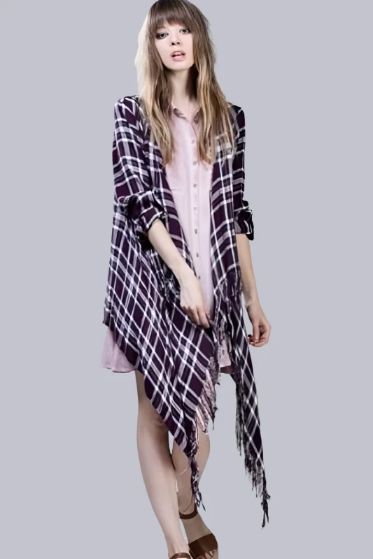 En Creme Purple Plaid Fringe Long Sleeve Cardigan Australian Beach