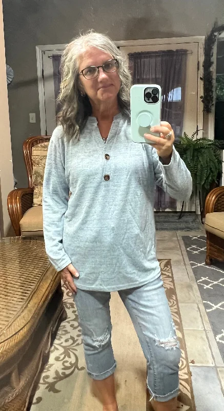 Buttoned Notch Neck Long Sleeve Top - 6 colors Geometric