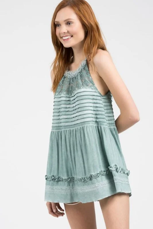 POL Jersey Pintuck Cami Babydoll Tank - Emerald & Pearls Modern Women's 