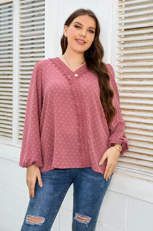 Plus Size Lace Trim Balloon Sleeve Blouse Business