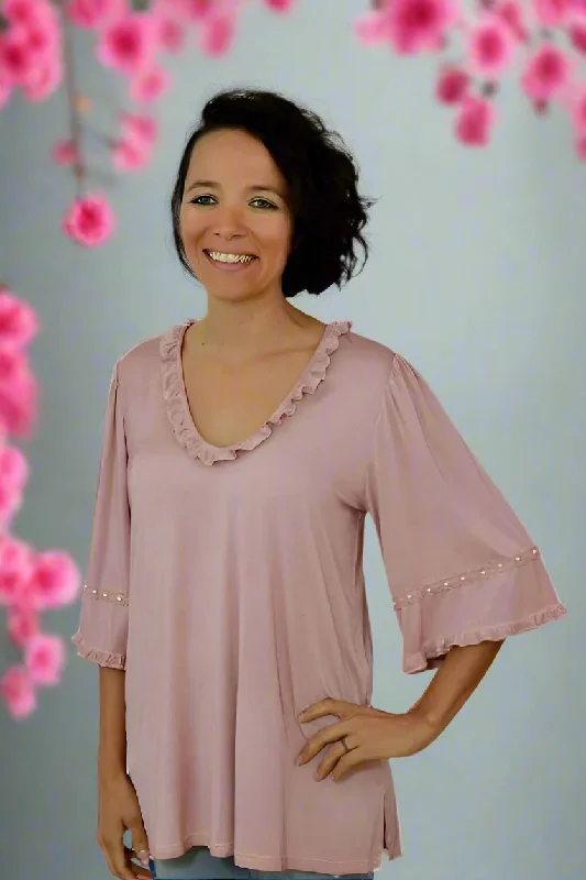 Ruffles and Pearls Blouse - Dusty Rose Cashmere
