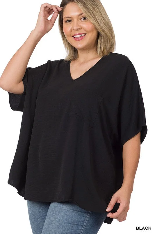 Woven Airflow V-Neck Top - Curvy Casual Women's Loose - fitting