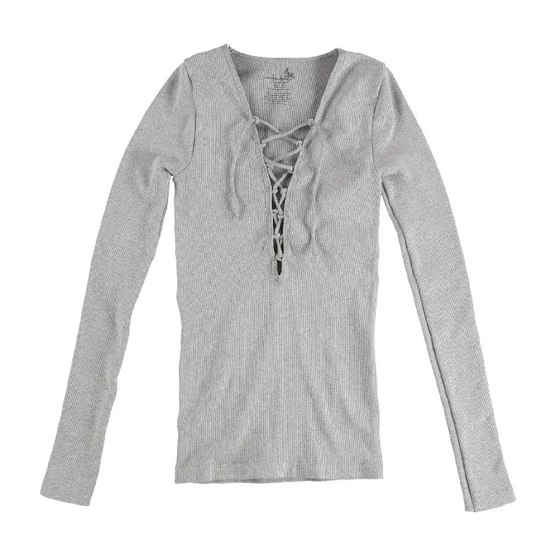 Free People Womens Lace Front Deep-V Basic T-Shirt, Grey, XS/S Business