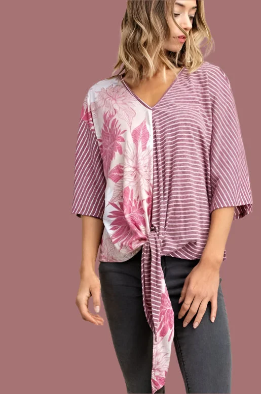 *SALE Mittoshop Short Kimono Sleeve Striped Top - Burgundy Scandinavian