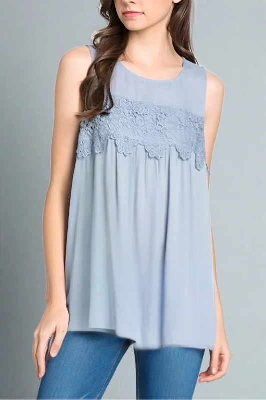 Mittoshop Flower Applique Sleeveless Top - Chambray Blue Elegant Women's 