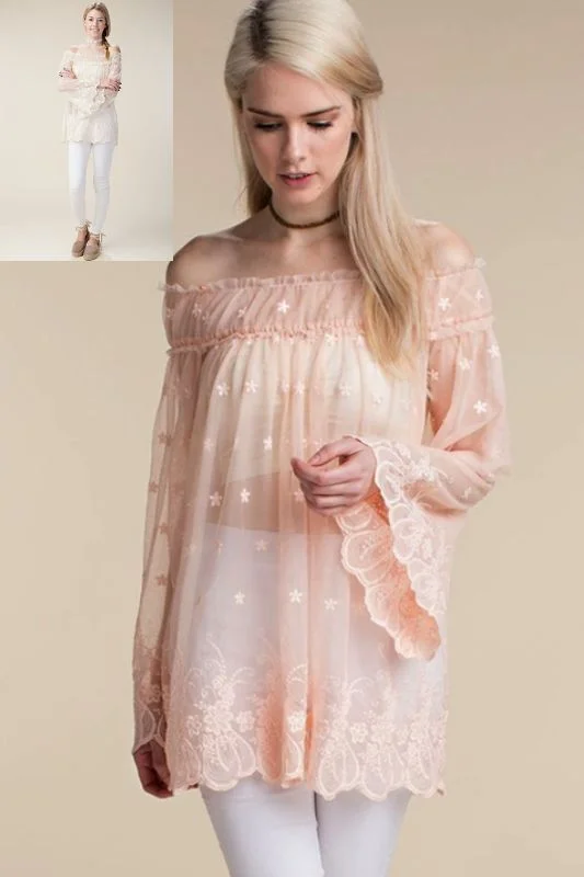 Angelic Sheer Off Shoulder Blouse Tunic - Peach or Cream Street