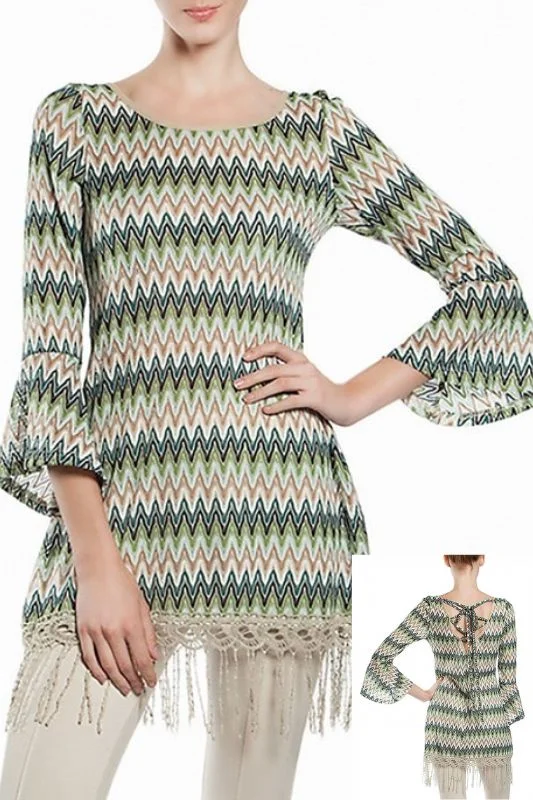 A'Reve Back Lace Up Fringe Tunic - Teal Multi Elegant Women's Formal 