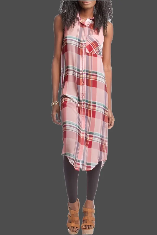 She + Sky Long Sheer Blouse - Pink Plaid Hip Women's Urban