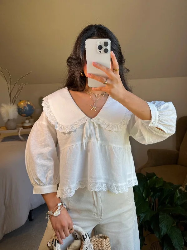 White Collared Poplin Top Artistic Women's Avant - 