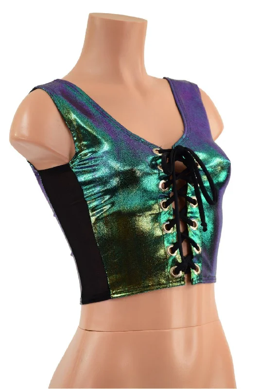 Lace Up Front Crop Tank in Scarab with Mesh Side Panels Unique Women's Upcycled