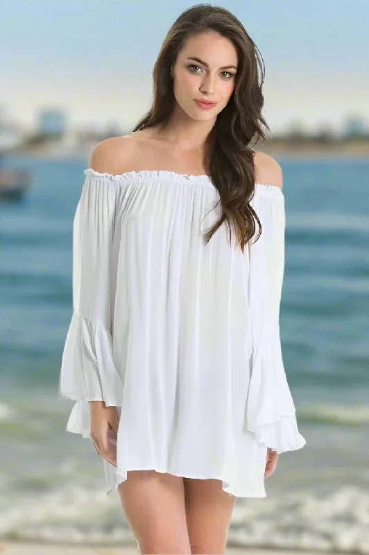 Elan Off Shoulder Bell Ruffle Sleeve Tunic Top-White Trendy Women's 