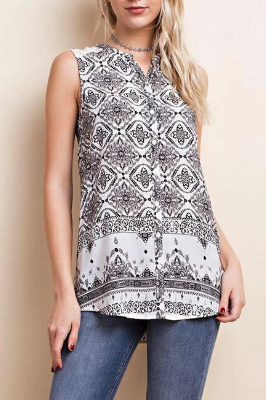 L Love Print & Lace Button Down Blouse - White Sophisticated Women's 