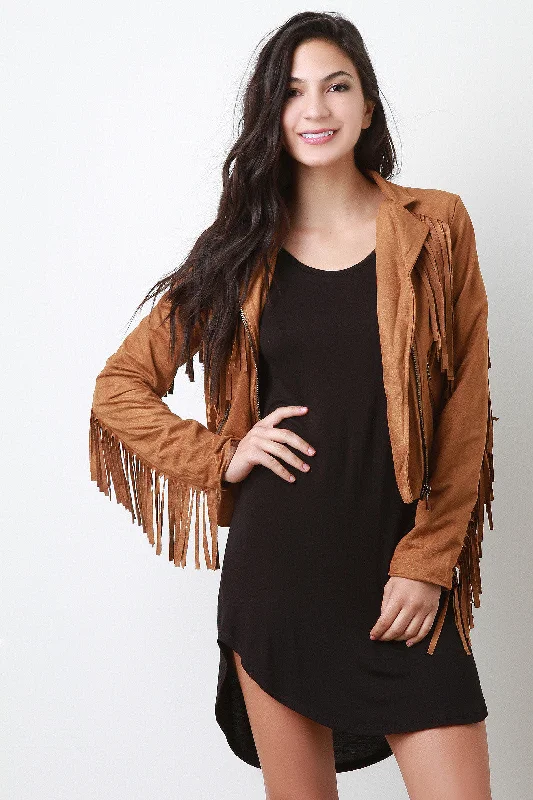 Zipped Up Suede Fringe Long Sleeves Jacket Cool Women's Skate