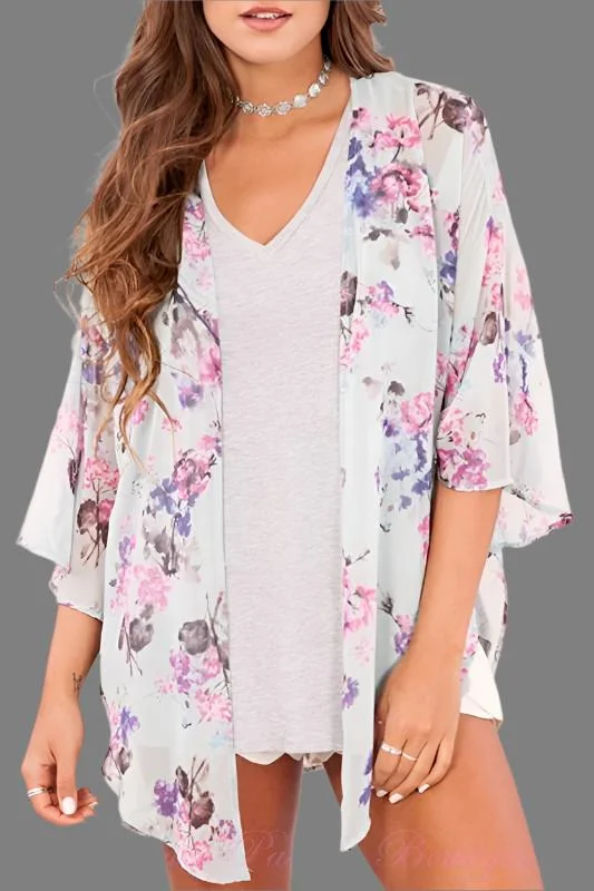 Peach Love Blossoms Floral Bell Sleeve Kimono - Mint Australian Beach