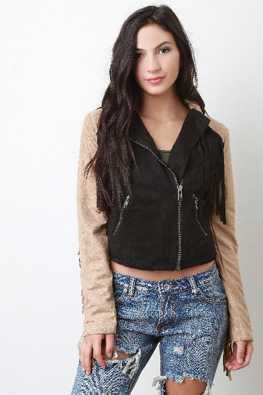 Zipped Up Two Tone Suede Fringe Long Sleeves Jacket purpose