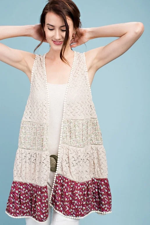Easel Mixed Fabric Boho Vest -Vintage Rose garde