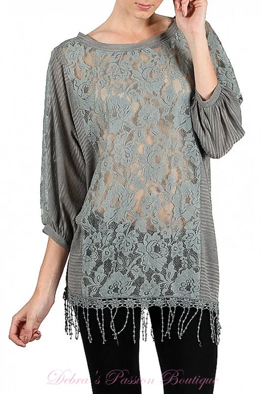 A'Reve Sheer Lace Fringe Blouse - Grey Cozy Women's Sherpa - lined