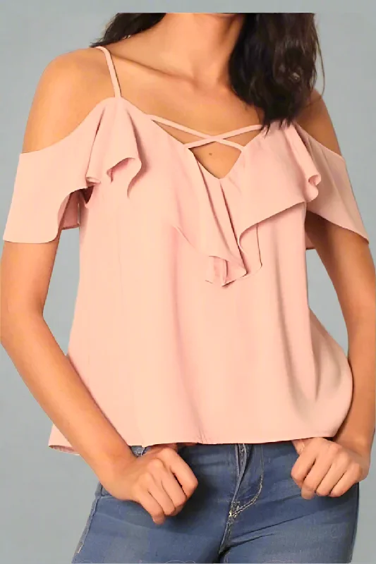 Lunik Cold Shoulder Ruffle Top - Dusty Pink Sustainable Organic