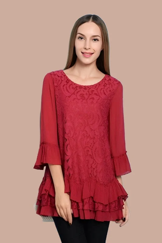 Paisley Vine Lace Tunic Ruffles Top - Crimson Red Classic Women's Pin - striped