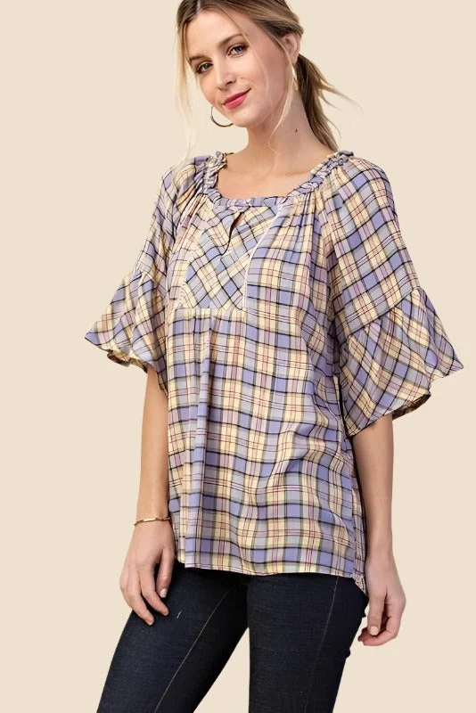Kori Plaid Ruffle Sleeve Blouse - Banana Mix Trendy Women's Oversized