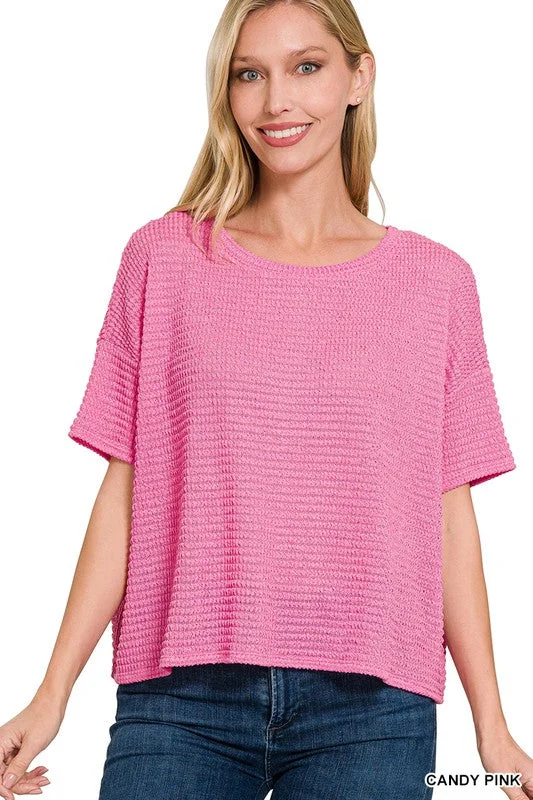 Drop Shoulder Jacquard SS Sweater Stylish Women's Tropical 
