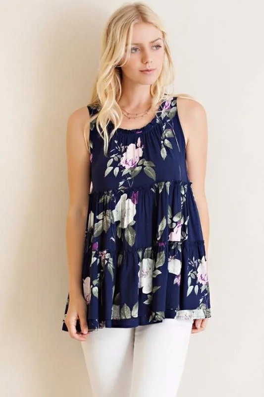 Rose Garden Tank Ruffle Blouse - Navy Hip Women's Retro