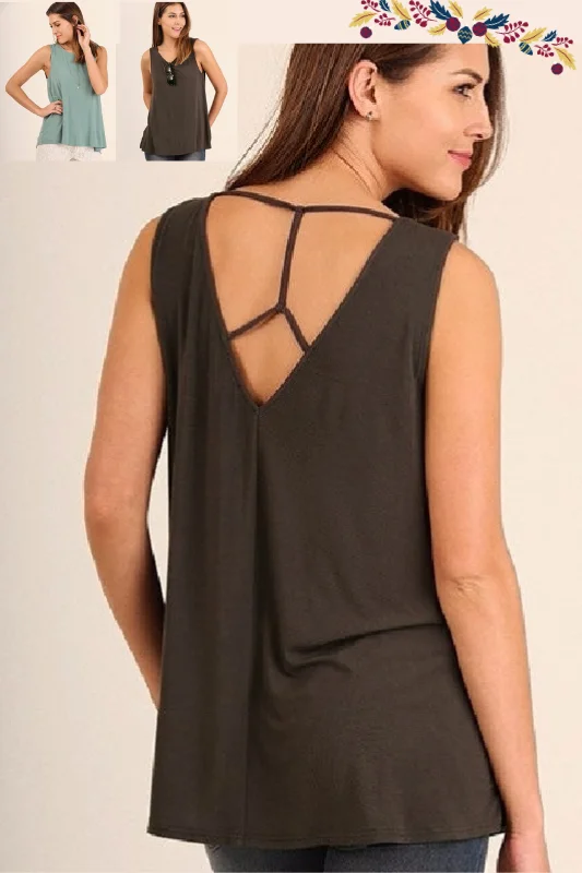 Umgee Strappy V Back Blouse - Ash, Dusty Mint Sleek Women's Metallic