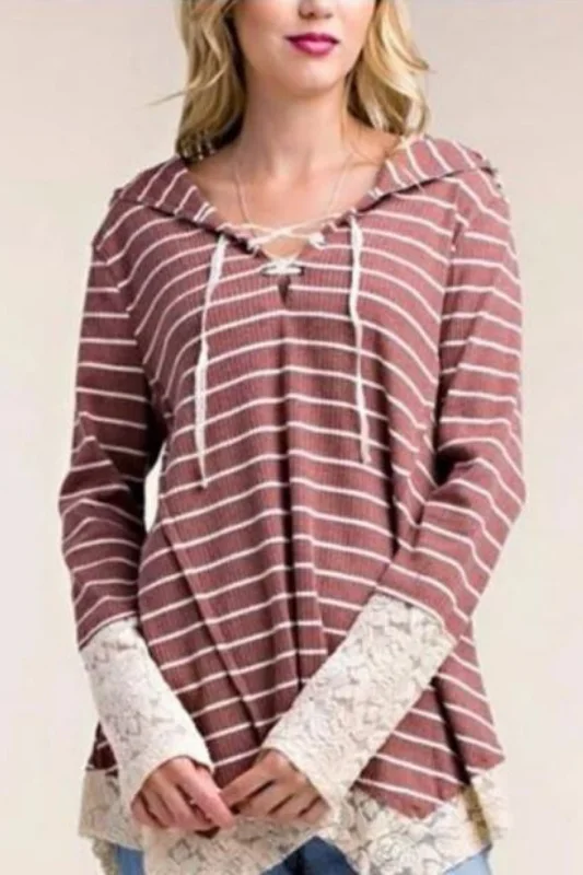 Casual Stripe Hoodie & Lace Sleeve - Rust Artistic Women's Avant - 