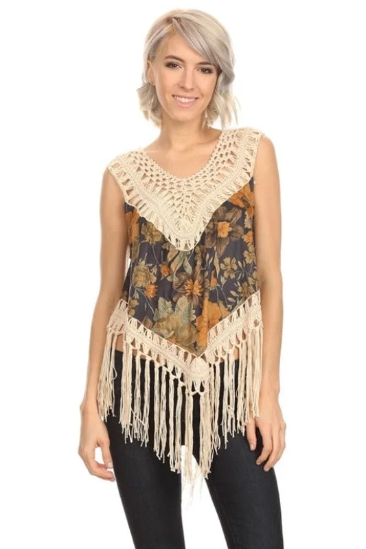 Sassy Bling Crochet Floral Print Fringe Crop Top - Navy Relaxed Women's 