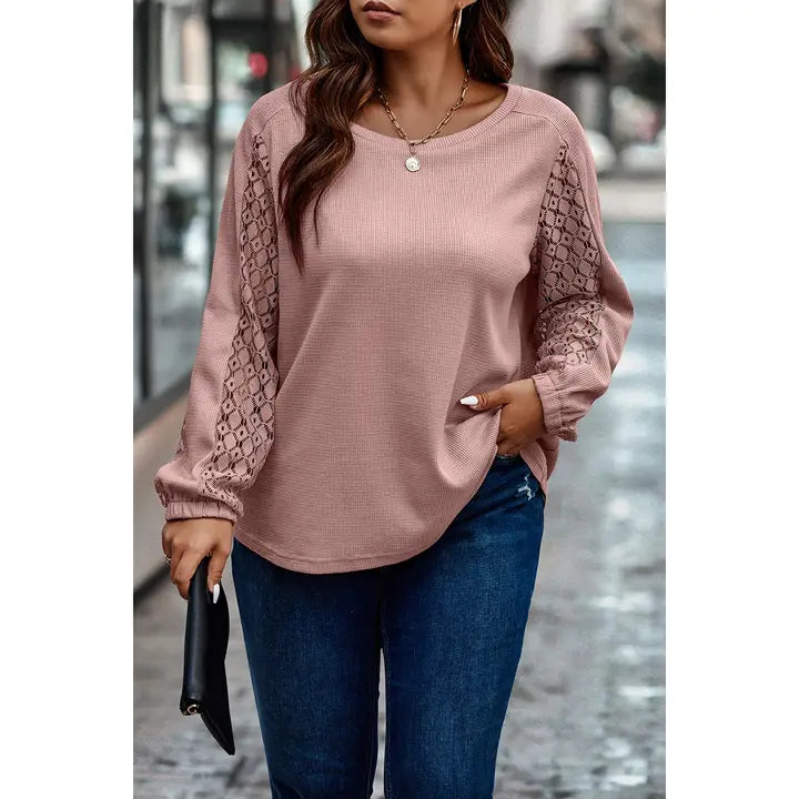 Knit Contrast Lace Sleeve Top Sporty Women's Athleisure 