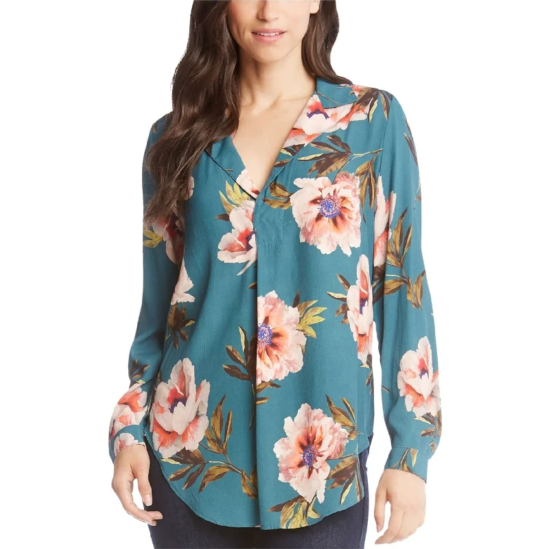 Karen Kane Womens Printed Notch Collar Pullover Blouse, Green, X-Small French