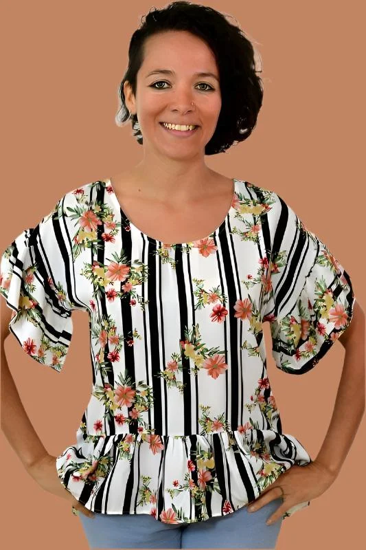 Splendid Stripes Floral Hi Lo Ruffle Blouse Hip Women's Retro
