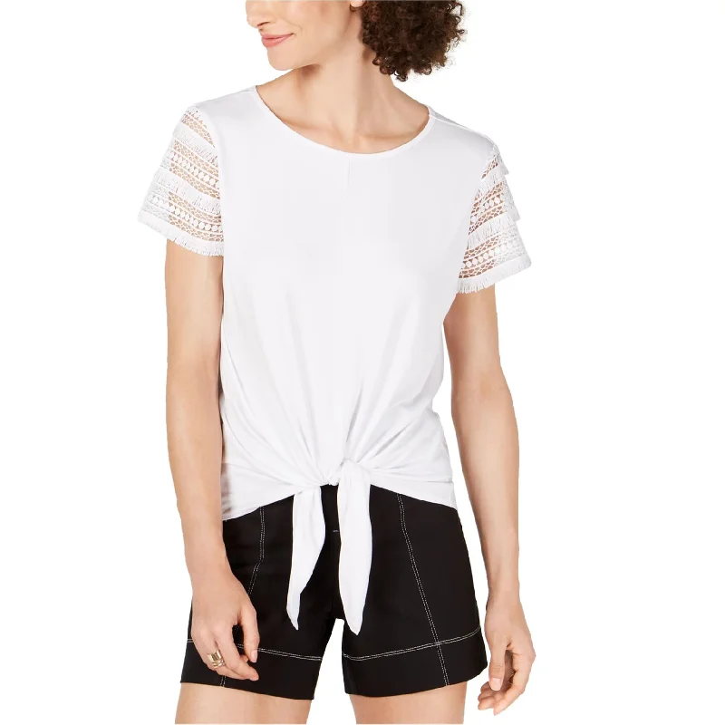 I-N-C Womens Lace Sleeve Embellished T-Shirt, White, X-Small Hip Women's Urban