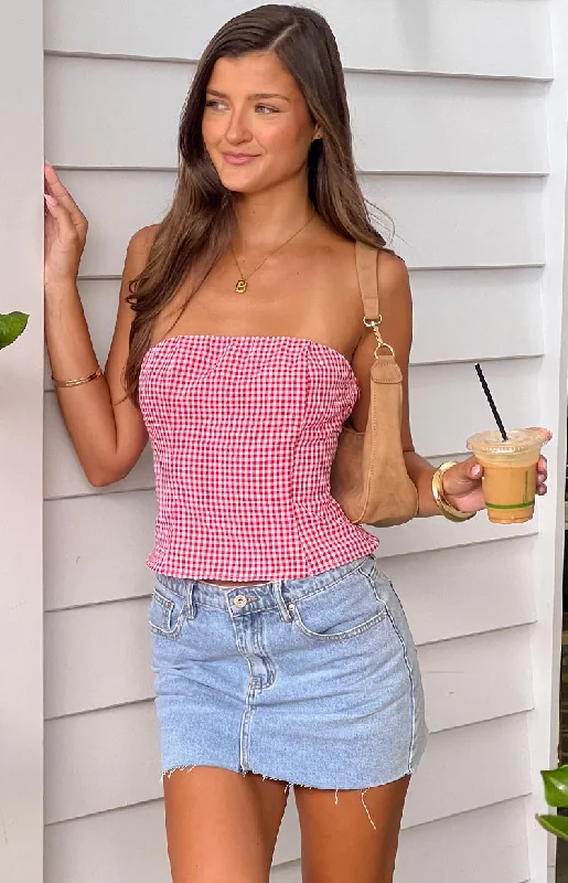 Paisley Red Gingham Strapless Top Youthful Women's Pop