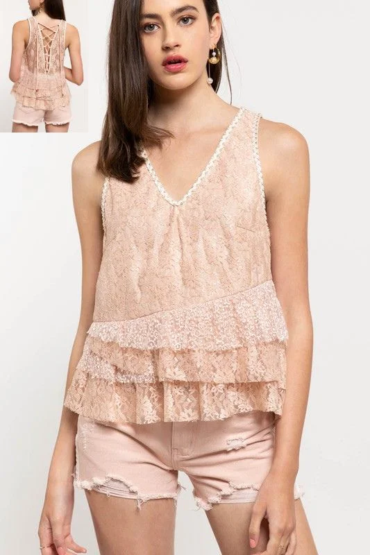 POL Tiered Lace Up Back Top - Blush Rugged Women's Outdoor 