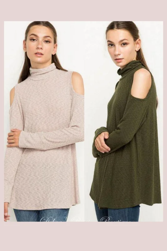 *CLOSEOUT SALE Mittoshop Mock Turtleneck Cold Shoulder Top - Olive or Taupe Traditional Women's 