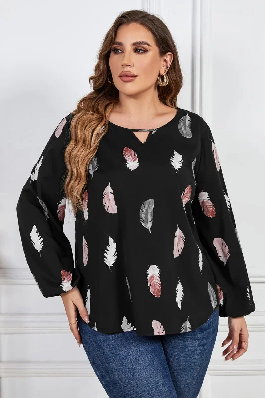Plus Size Printed Long Sleeve Cutout Blouse Preppy Women's College