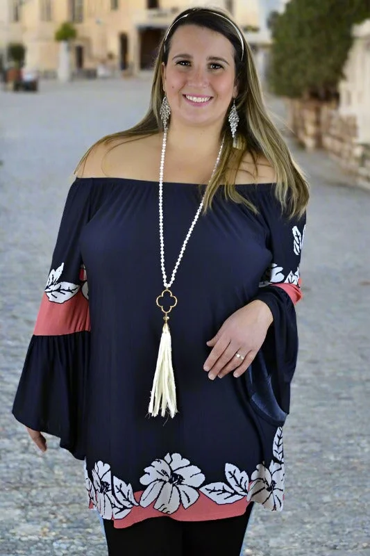 Floral Border Tunic Bell Sleeve Tunic - Dark Navy Athletic Women's High - 