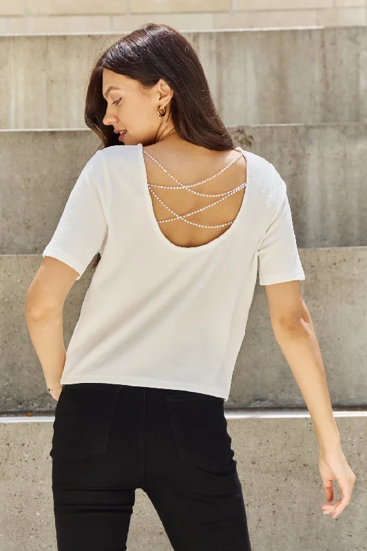 Pearly White Criss Cross Pearl Detail Open Back T-Shirt Preppy Women's College