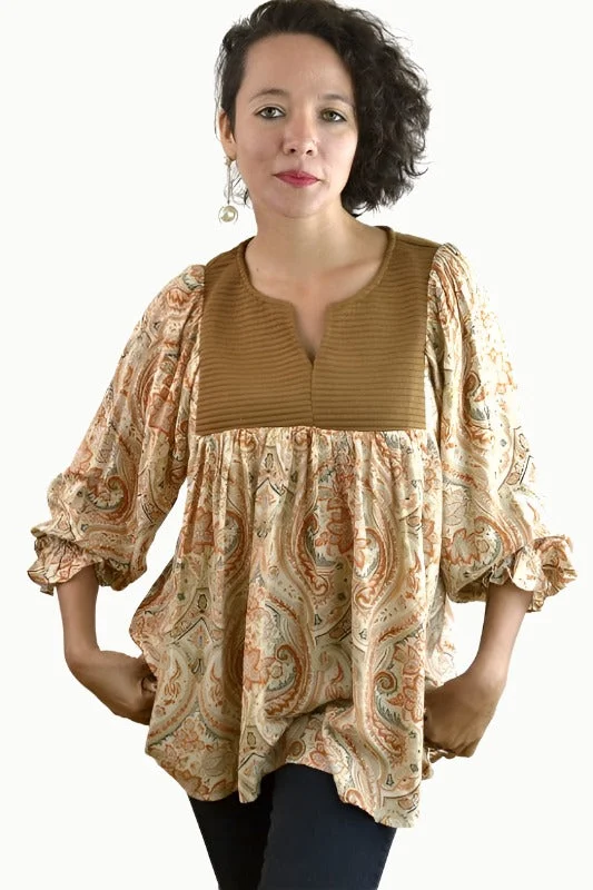 Jodifl Paisley Peasant Yoke Blouse - Rust Camel Artistic Women's Hand - painted