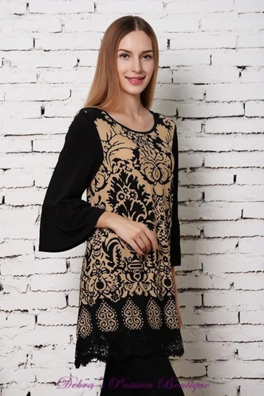 Sassy Bling Damask Scroll Tall Tunic - Mocha/Black Practical Women's Multi - 